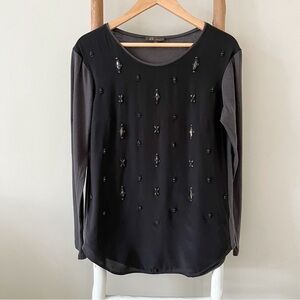 [jos] crystal embellished long sleeve blouse black gray